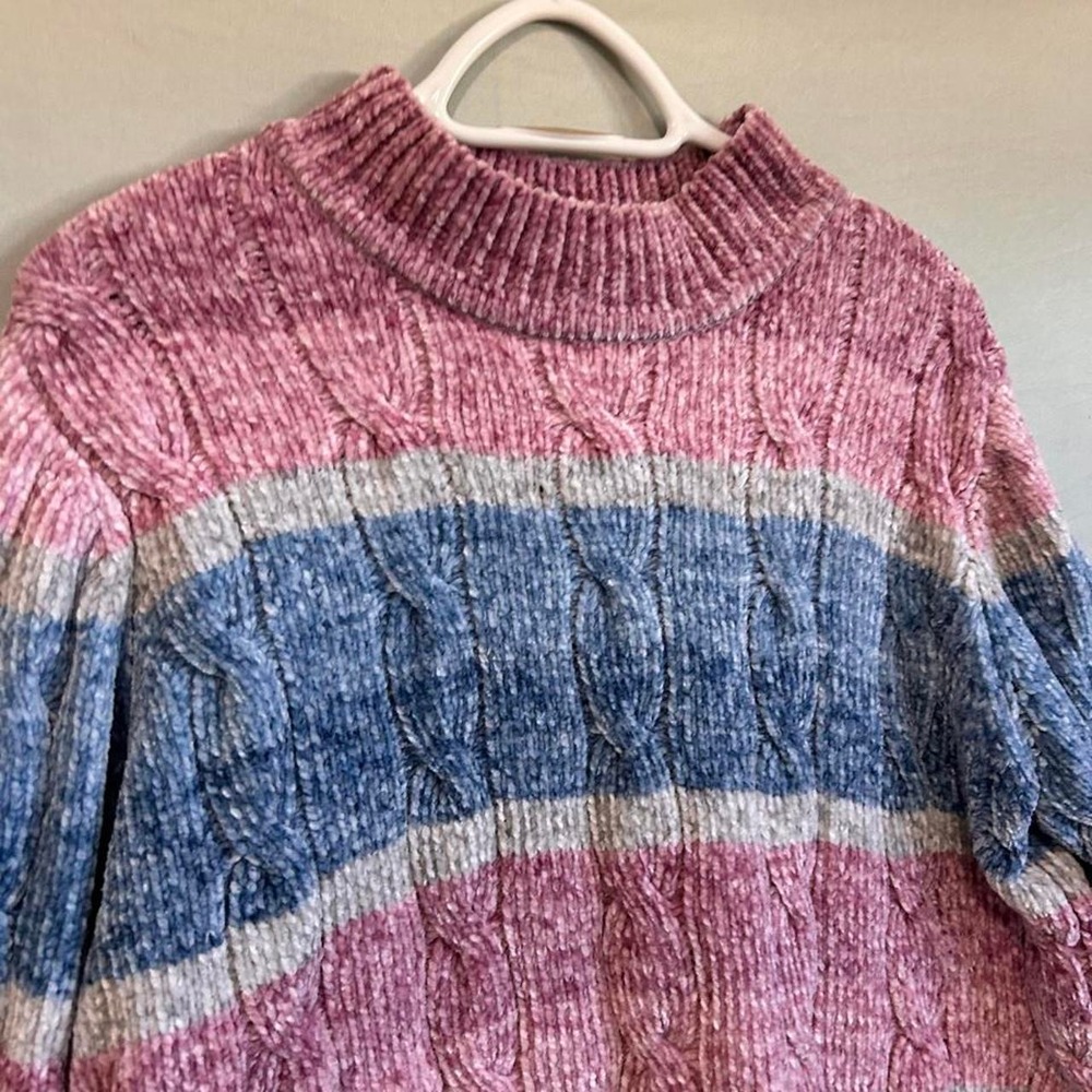 Alfred Dunner Womens XL Chunky Cable Knit Pastel Striped Chenille Sweater Pink